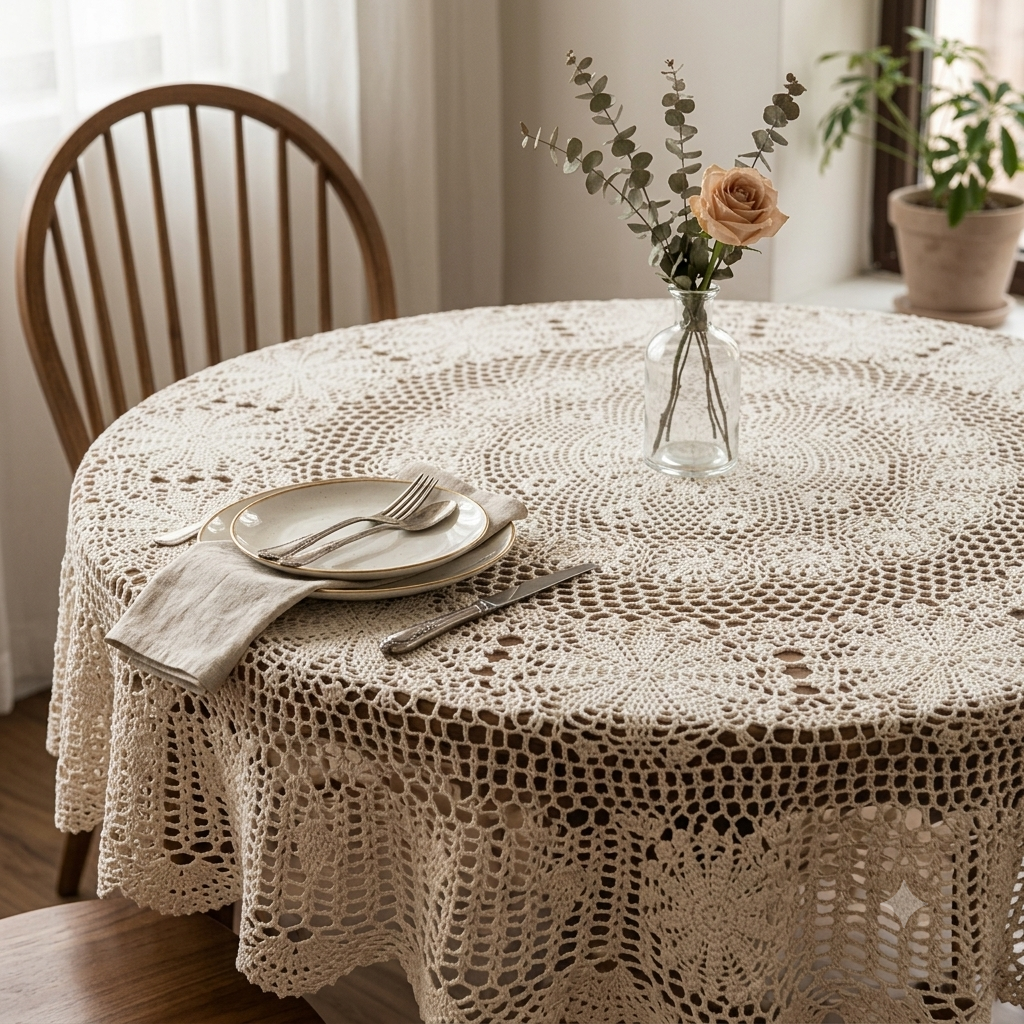 100 % handgehäkelte Premium-Tischdecke im französischen Vintage-Stil, – Linentalks Home